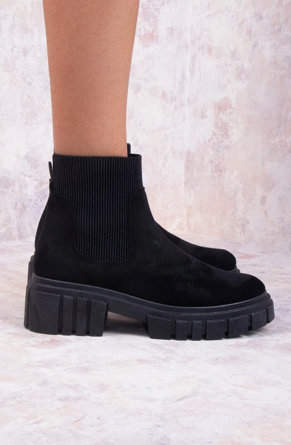 Black Faux Suede Platform Chelsea Boot