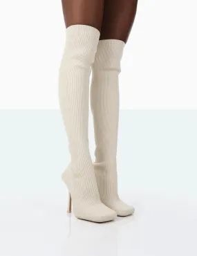 Bubbles White Knitted Wide Fit Square Toe Over The Knee Stiletto Boots