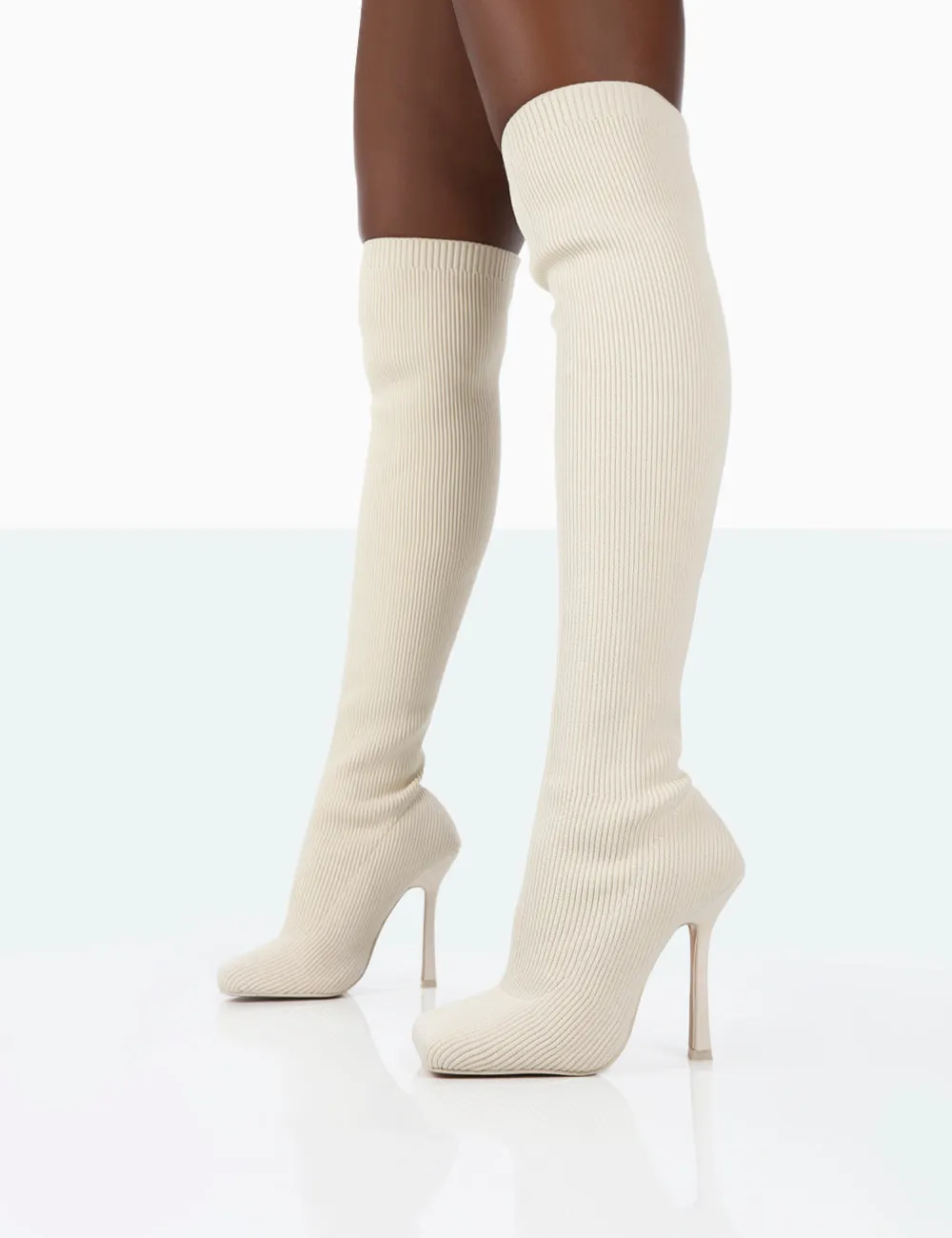 Bubbles White Knitted Wide Fit Square Toe Over The Knee Stiletto Boots