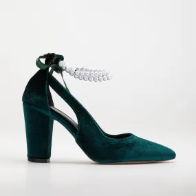 Camila - Emerald Green Velvet Shoes with Pearls