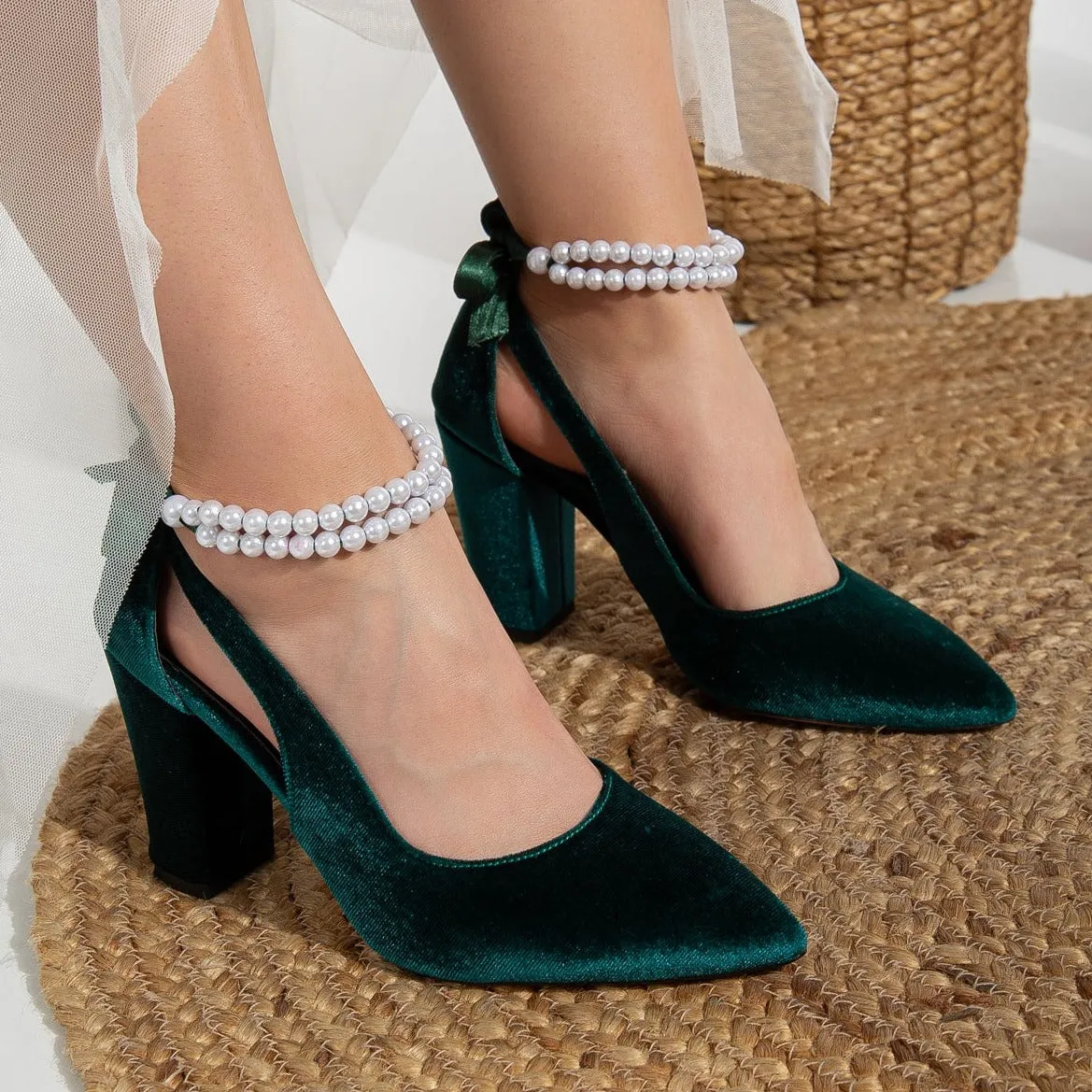 Camila - Emerald Green Velvet Shoes with Pearls