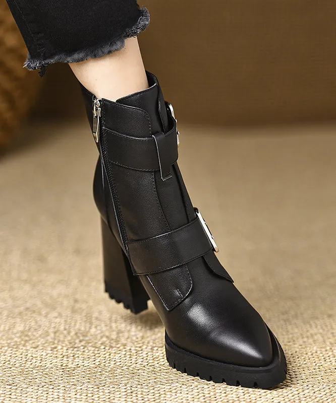 Classy Cowhide Leather Splicing Zippered Chunky Heel Boots Pointed Toe RX009