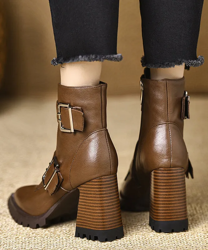 Classy Cowhide Leather Splicing Zippered Chunky Heel Boots Pointed Toe RX009