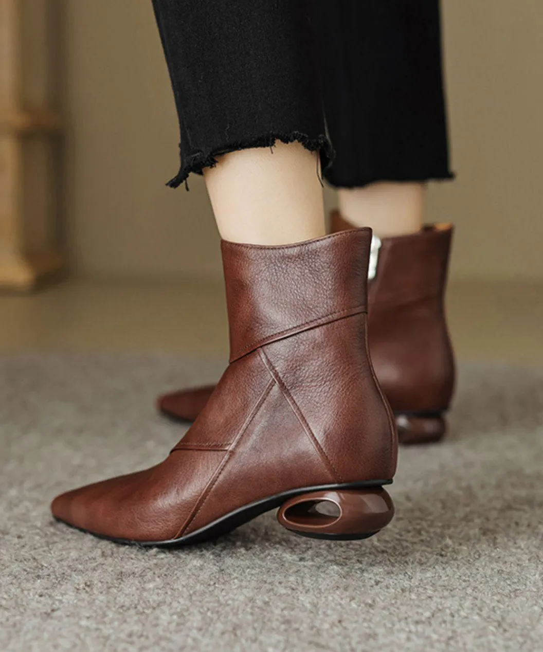 Comfortable Splicing Ankle Boots Brown Cowhide Leather Pointed Toe ML1714