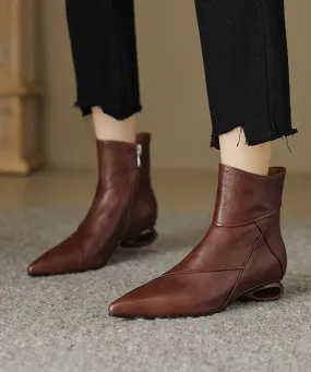 Comfortable Splicing Ankle Boots Brown Cowhide Leather Pointed Toe ML1714