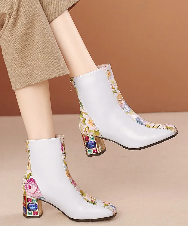 Elegant White Print Zircon Cowhide Leather Chunky Boots RT1057