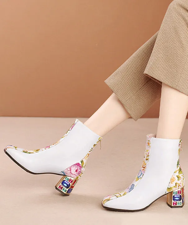 Elegant White Print Zircon Cowhide Leather Chunky Boots RT1057