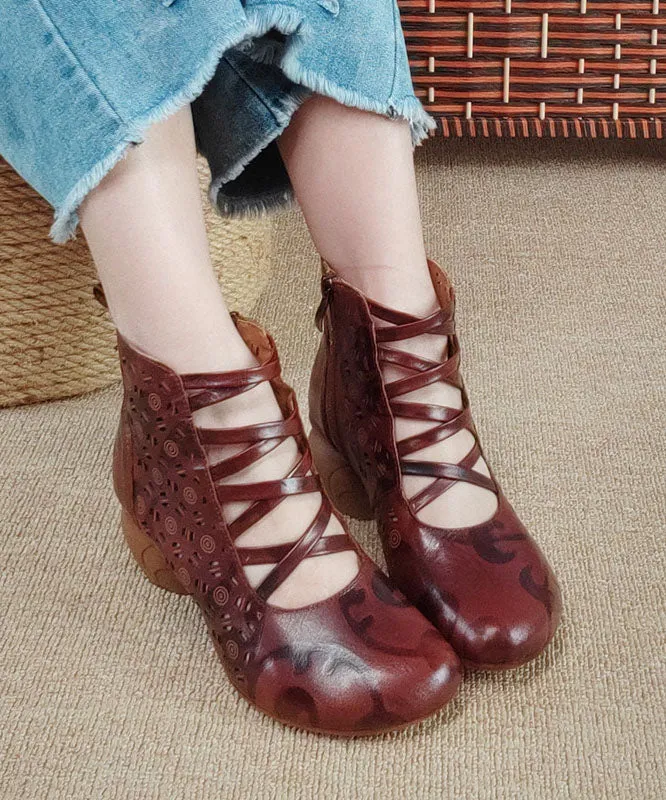 Handmade Splicing Chunky Boots Hollow Out Embossed Brown Cowhide Leather