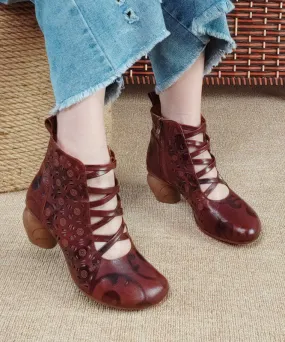 Handmade Splicing Chunky Boots Hollow Out Embossed Brown Cowhide Leather