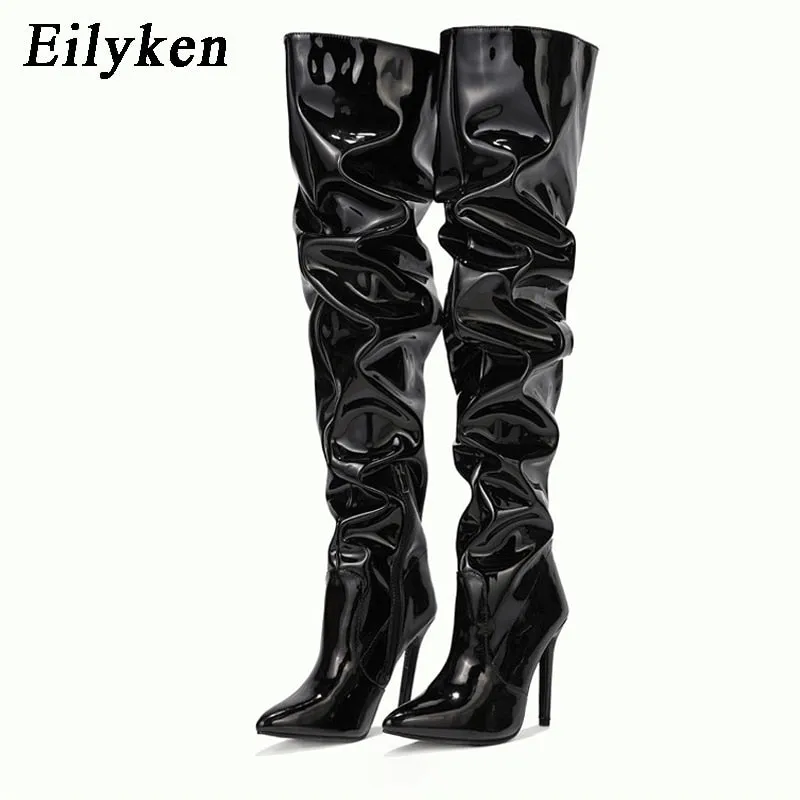 High Quality Pleated Patent Leather Motorcycle Over The Knee Boots Women Fashion Pointed Toe Zip Thigh High Lady Shoes