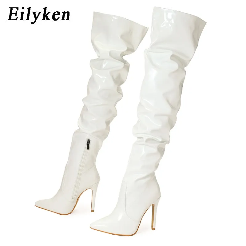 High Quality Pleated Patent Leather Motorcycle Over The Knee Boots Women Fashion Pointed Toe Zip Thigh High Lady Shoes