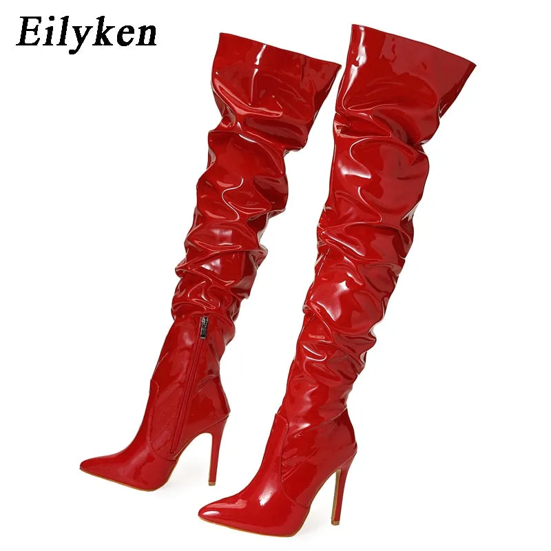 High Quality Pleated Patent Leather Motorcycle Over The Knee Boots Women Fashion Pointed Toe Zip Thigh High Lady Shoes