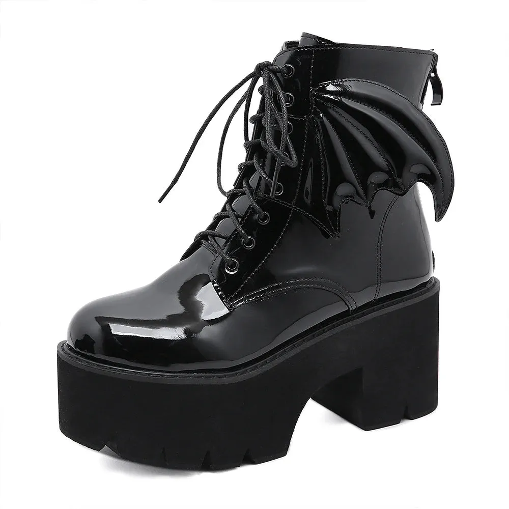 Hnzxzm Women's Black Back Zipper Chunky Heel Boots Goth Style Lace Up Solid Color Platform Short Boots for Women Fashion Wing