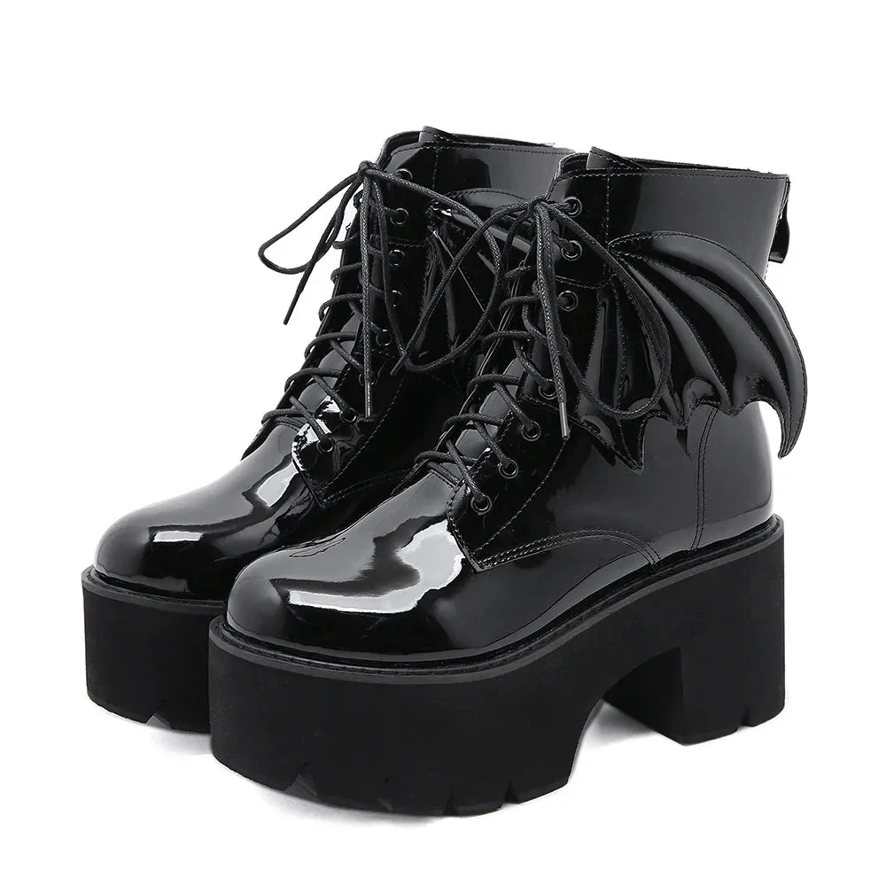 Hnzxzm Women's Black Back Zipper Chunky Heel Boots Goth Style Lace Up Solid Color Platform Short Boots for Women Fashion Wing