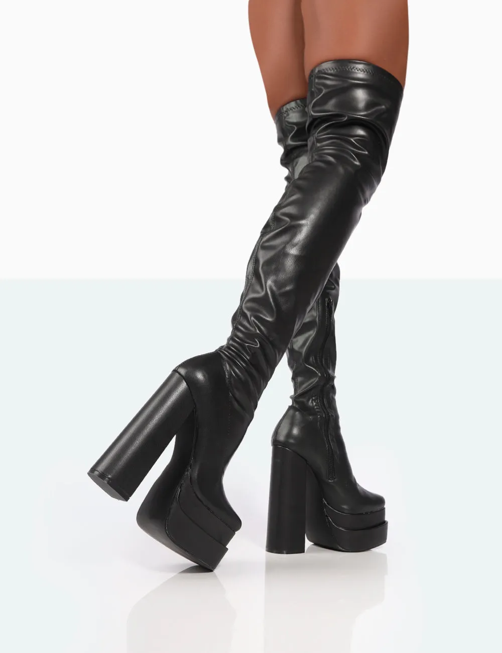 Identity Wide Fit Black Pu Platform Over The Knee Boots