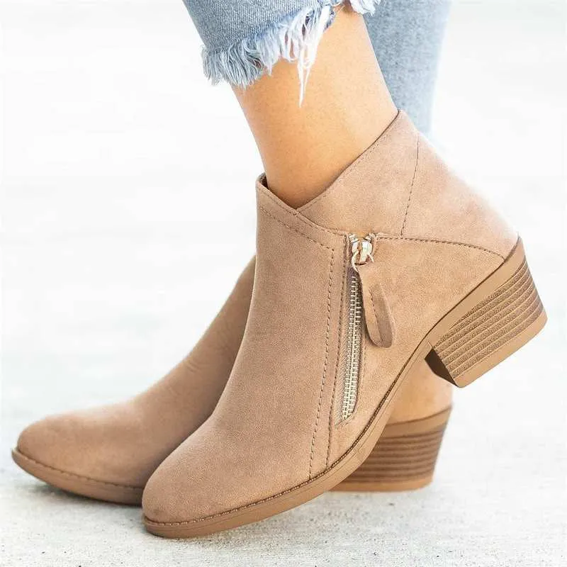 Ivyshape | Boots Women's Comfortable Low Heel Zip Up Boots