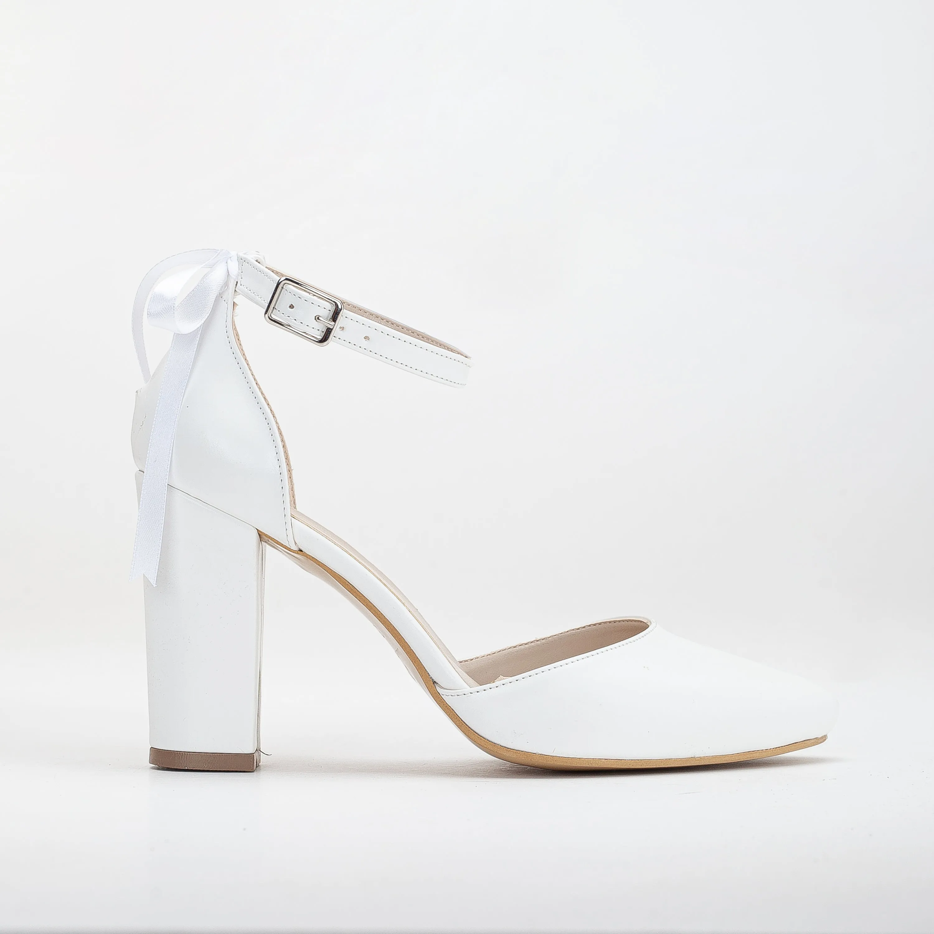 Jolie - White Wedding Heels with Ribbon