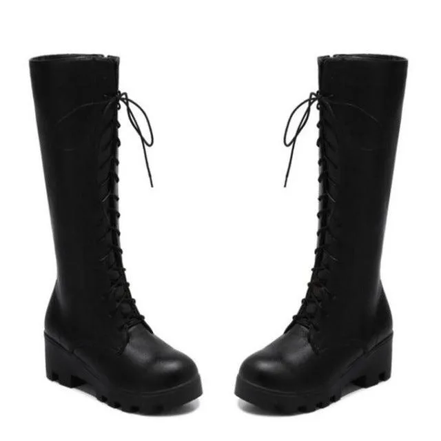 Lace Up Round Toe Zipper High Heel Boots