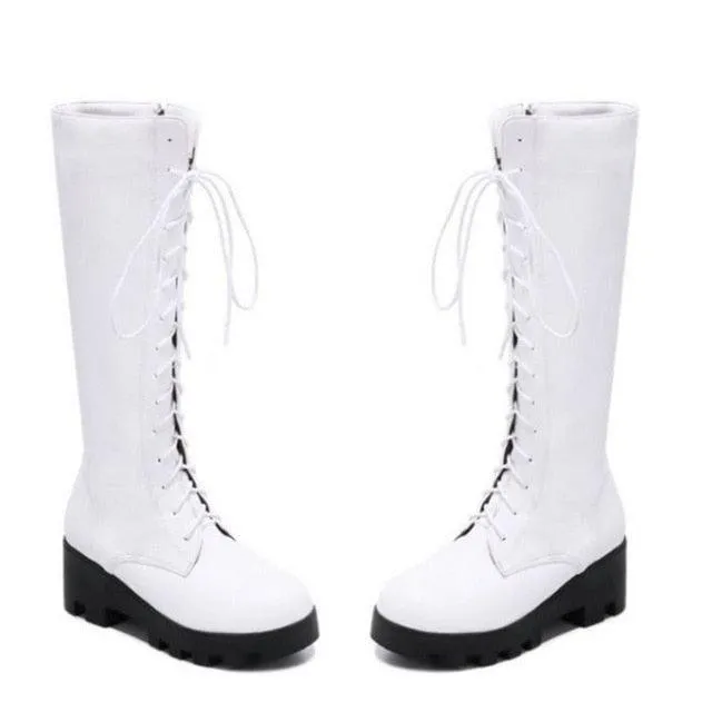 Lace Up Round Toe Zipper High Heel Boots