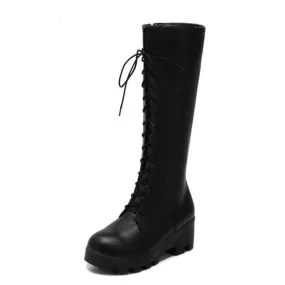 Lace Up Round Toe Zipper High Heel Boots