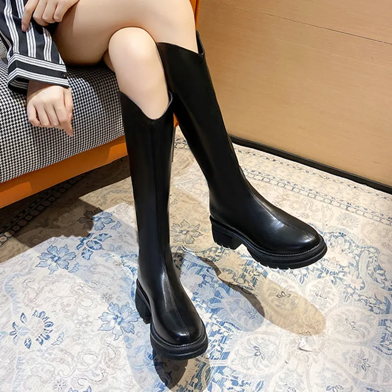 Leather Knee High Boots with a Back Zipper Platform Sole