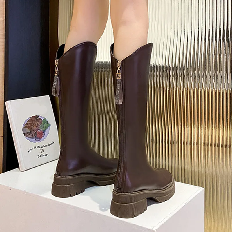 Leather Knee High Boots with a Back Zipper Platform Sole