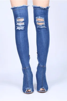 Over The Knee Blue Denim Boots