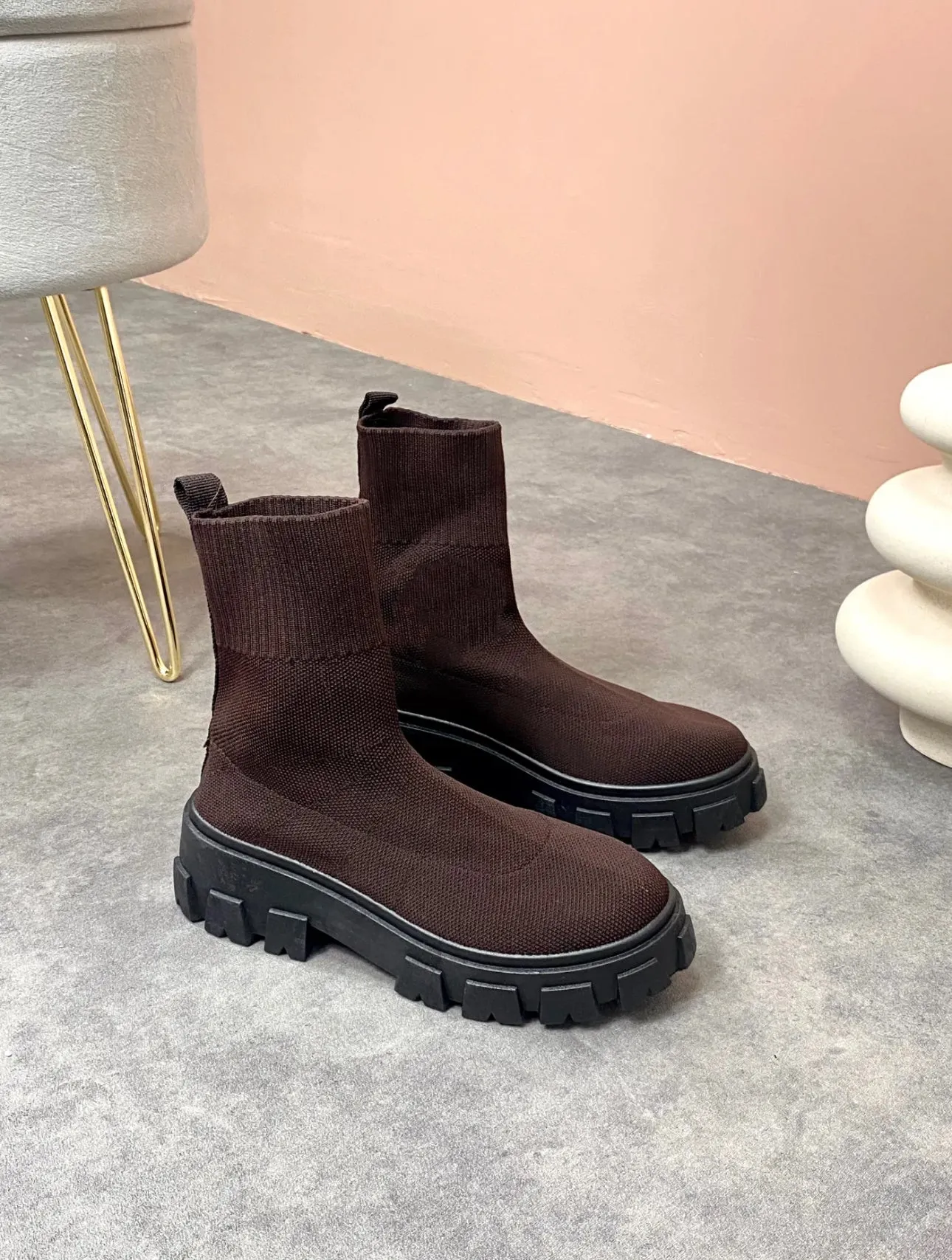 PERI CHOCOLATE BROWN CHUNKY SOLE SOCK ANKLE BOOTS