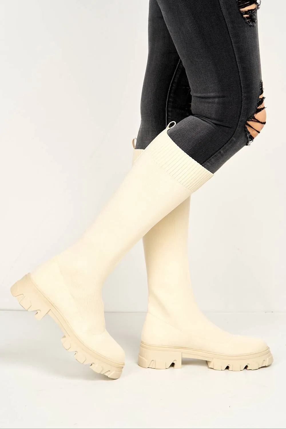 Teega Knee High Knit Fabric Boots with Chunky Sole in Beige