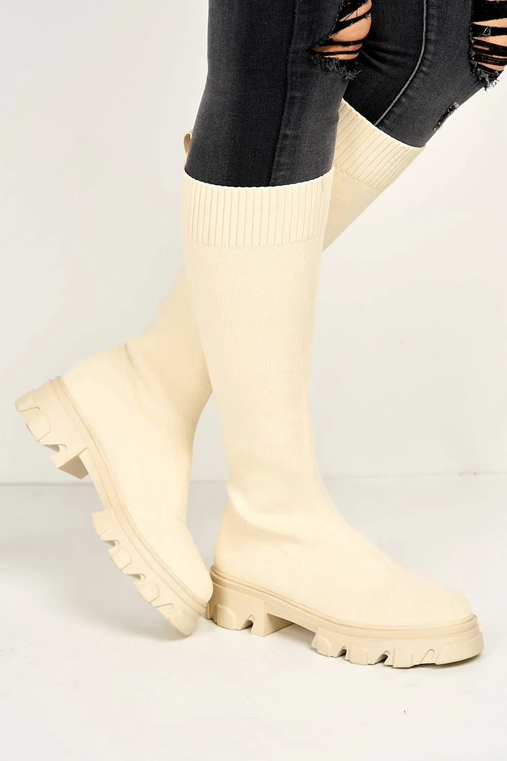 Teega Knee High Knit Fabric Boots with Chunky Sole in Beige