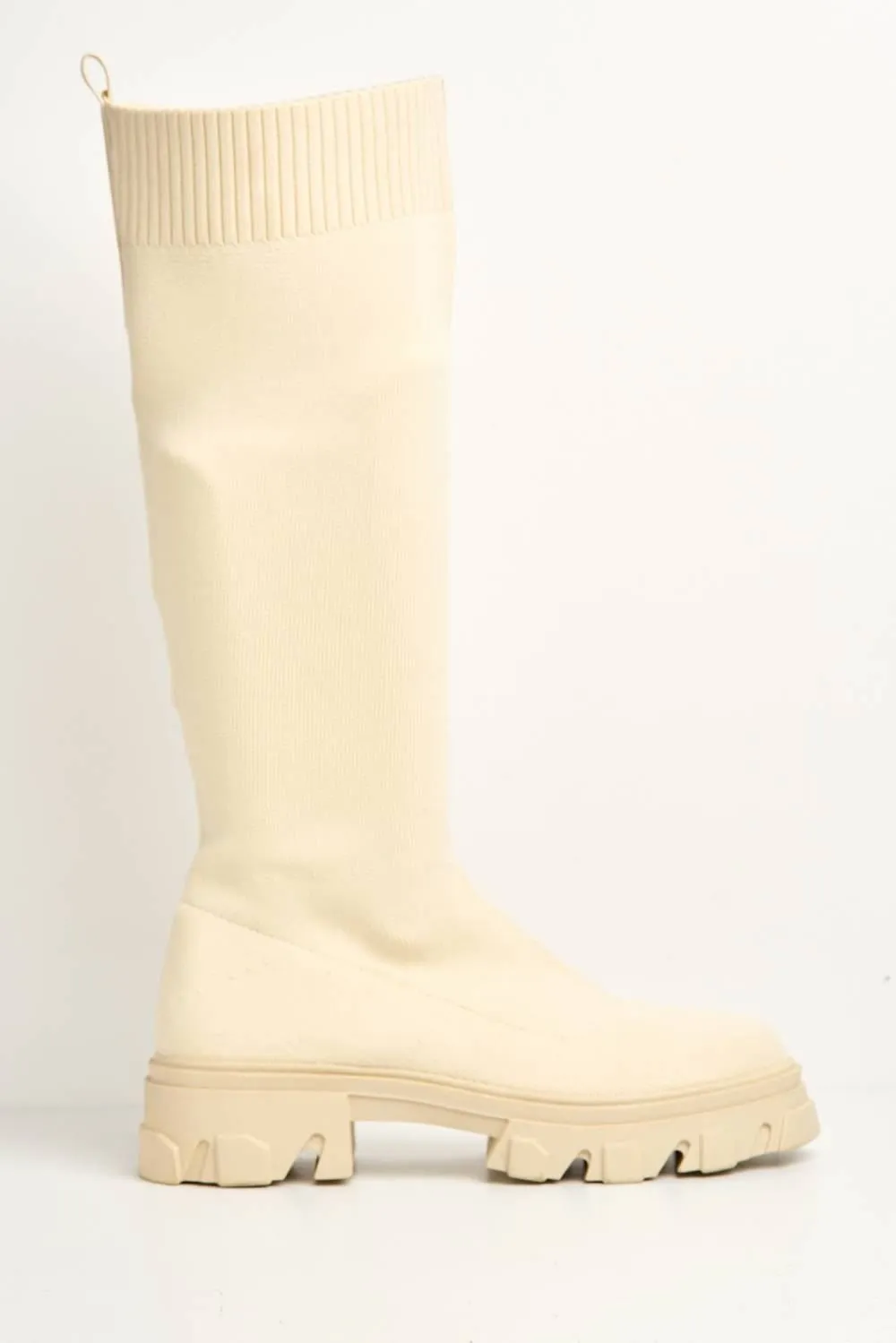 Teega Knee High Knit Fabric Boots with Chunky Sole in Beige