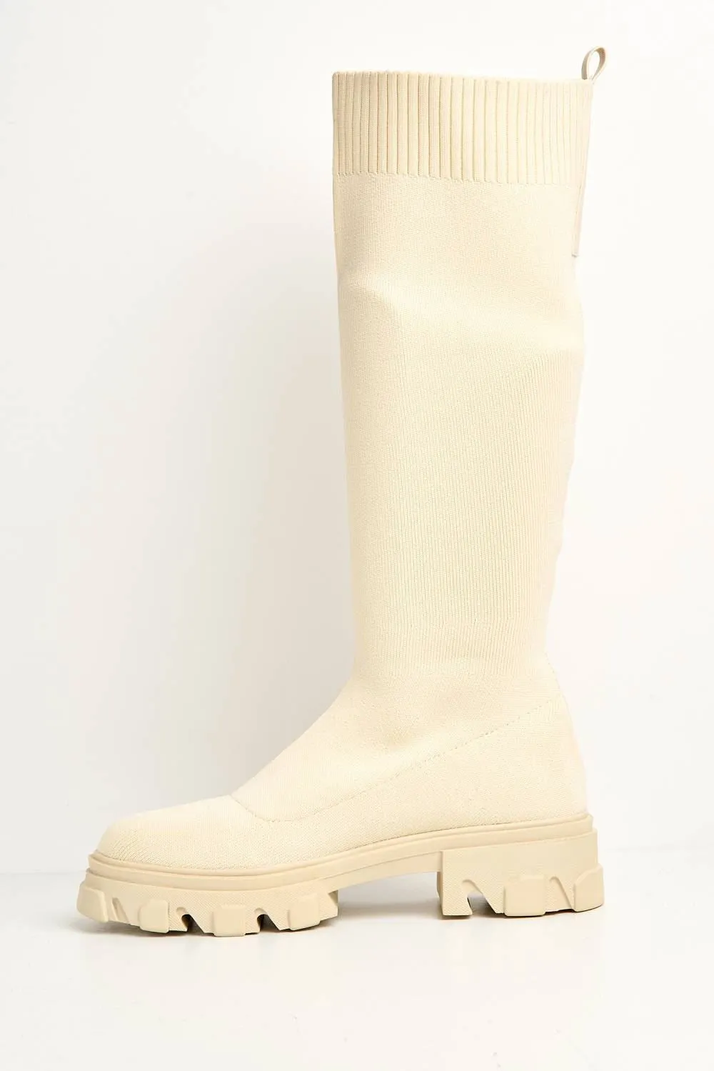 Teega Knee High Knit Fabric Boots with Chunky Sole in Beige