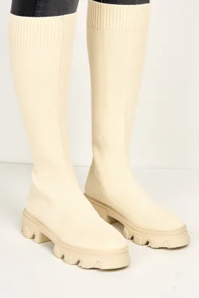 Teega Knee High Knit Fabric Boots with Chunky Sole in Beige