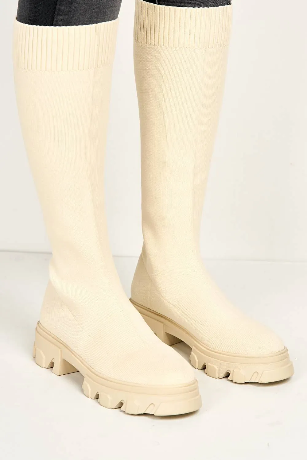 Teega Knee High Knit Fabric Boots with Chunky Sole in Beige