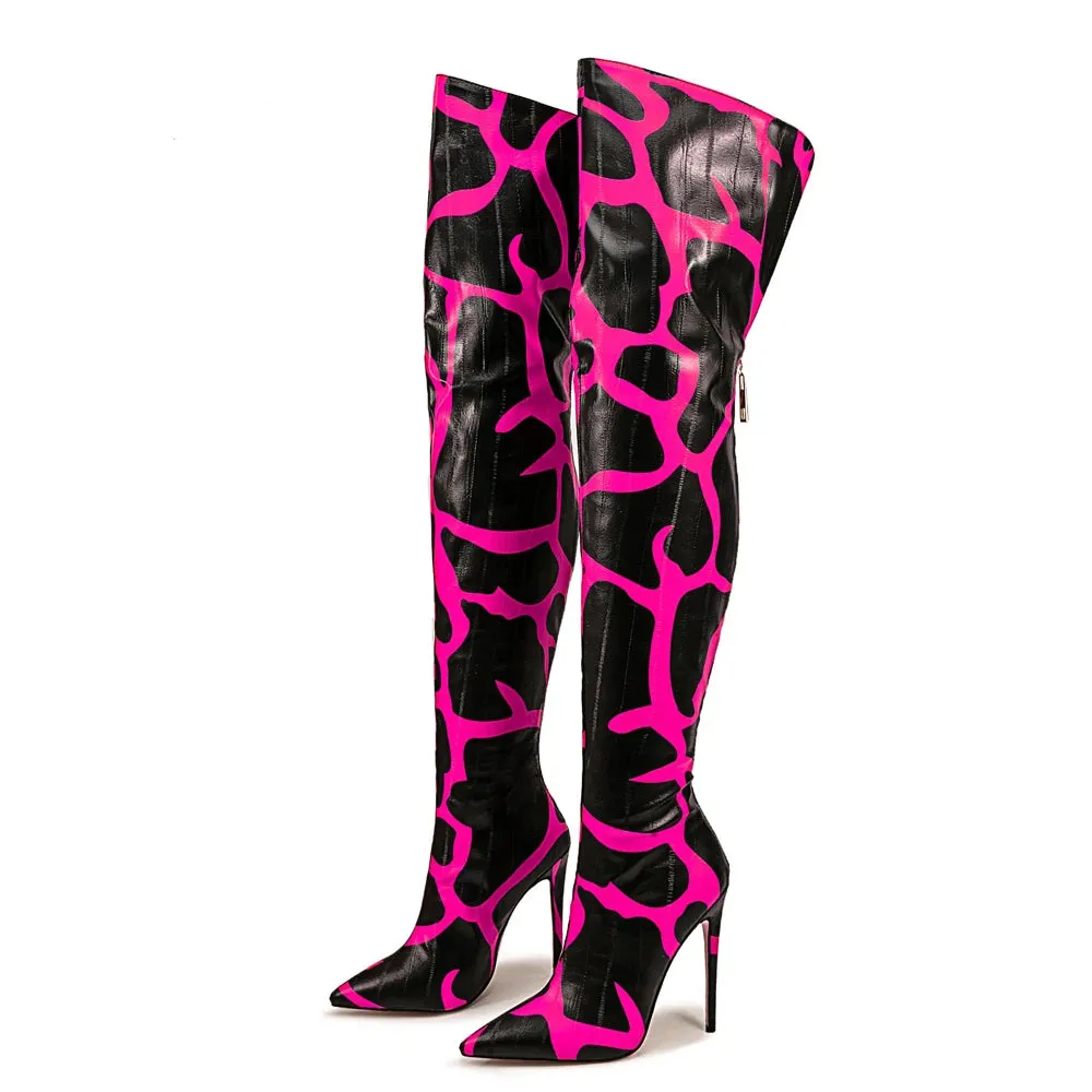 Trend4us Women's Patterned Over-The-Knee Stiletto Boots